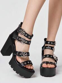 ROMWE Goth 女士哥特风厚底凉鞋，朋克摇滚风格搭扣露趾粗跟高跟鞋 - 黑色亞光 - 查看 3