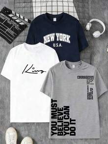 3pcs/Set Big Kids' Casual Crew Neck Short Sleeve T-Shirts - Multicolor - View 1