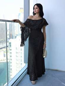 Modelyn Women's Elegant Asymmetrical Shoulder Long Dress For Party - Black - View 6