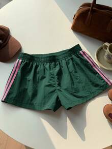 Comfortcana Plus Size Women Retro Sports Style Casual Brown Contrast Stripe Shorts - Green - View 9