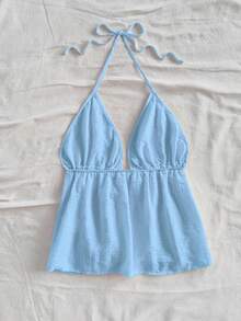 Soleia 女士休闲系带露背吊带上衣，适合夏季度假 - 淺藍色 - 查看 2
