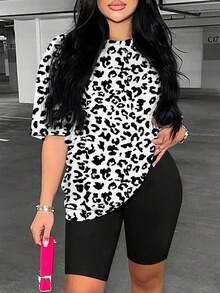 Rovax Nueva llegada Camiseta casual de mujer con cuello redondo y estampado de leopardo - Multicolor - Ver 3