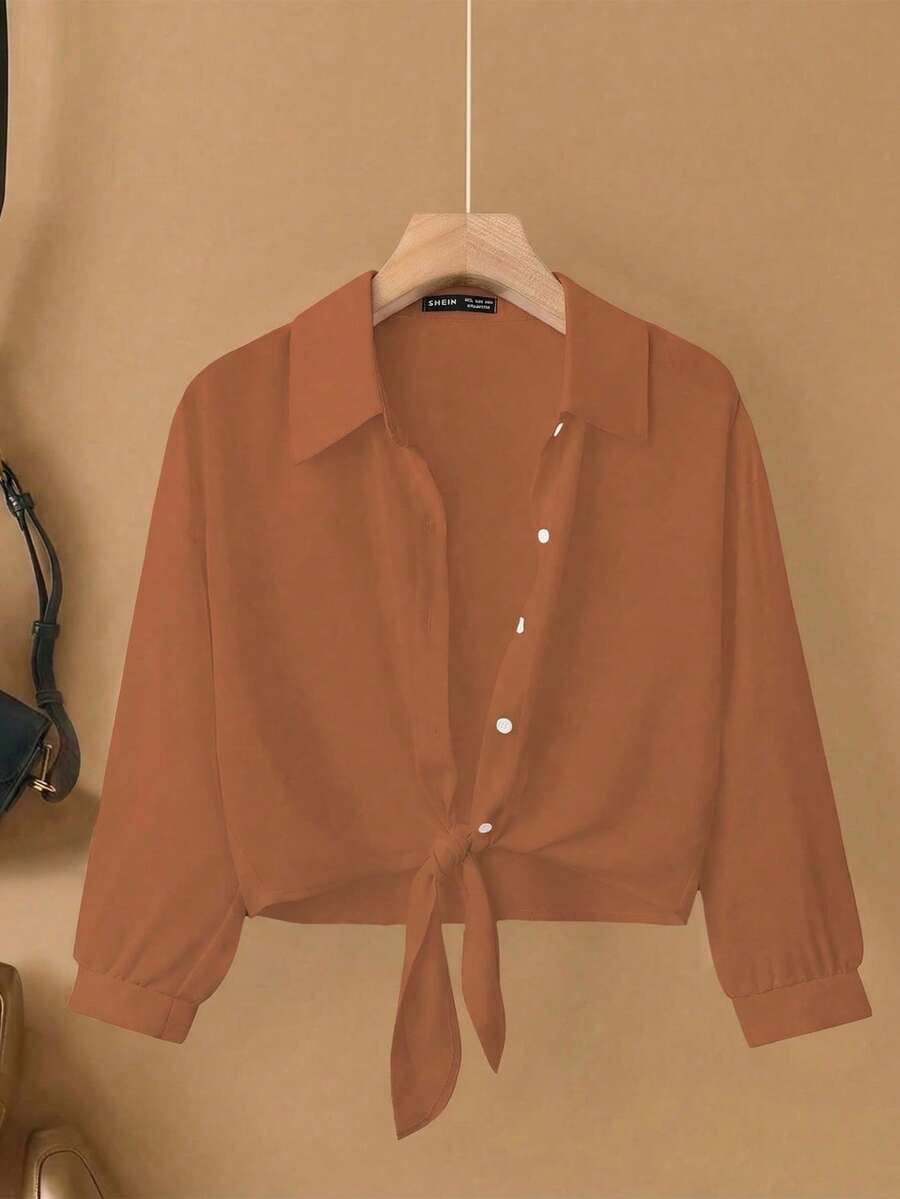 Franclia 法式优雅编织翻领长袖系带开衫，新款夏季白色女式衬衫 - 棕色 - 查看 1