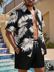 Manfinity Swimmode 男士热带植物印花短袖衬衫和短裤沙滩套装 - 彩色 - 查看 2