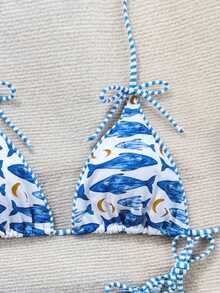 Swim Vcay 2件套新款吊带白色底蓝色鱼纹蝴蝶结性感女士坦克泳衣 - 彩色 - 查看 3