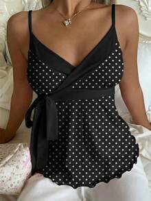 CovetEZ Áo camisole nữ chấm bi xoắn, kiểu dáng thường ngày, đa năng, thích hợp cho buổi hẹn hò. - màu đen - Xem 6