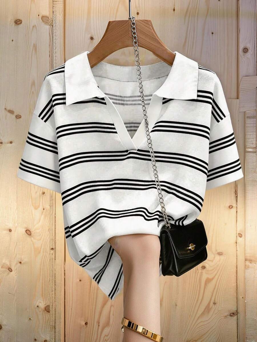 Resyla Striped Digital Print Fashionable Minimalist Women's Polo Shirt, Gift For Friends - Multicolor - View 1