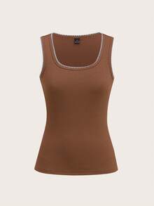 SHEIN EZwear 两件套复古撞色方领吊带背心和无袖修身T恤套装，贝壳刺绣针织面料，适合外出、通勤和上学穿着。 - 彩色 - 查看 10