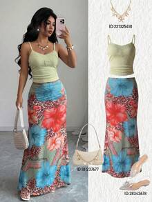 Lyxana Conjunto de top transparente de mujer con patchwork de encaje y falda estampada, atuendo casual para vacaciones y playa - Multicolor - Ver 1