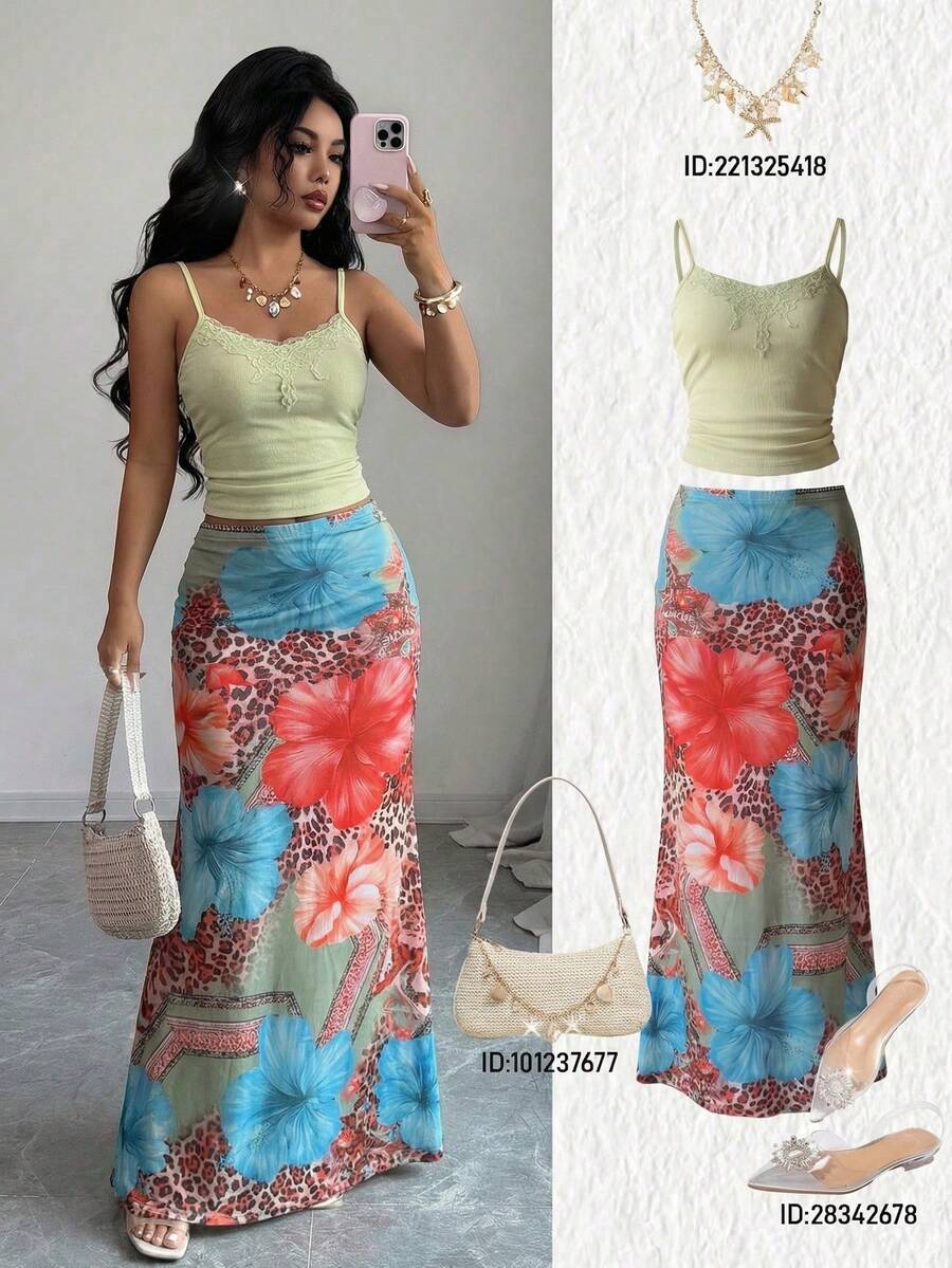 Lyxana Conjunto de top transparente de mujer con patchwork de encaje y falda estampada, atuendo casual para vacaciones y playa - Multicolor - Ver 1