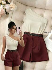 Franclia 2pcs/Set Casual Solid Color Asymmetric Neck Sleeveless Top And Shorts, Suitable For Summer - Multicolor - View 1