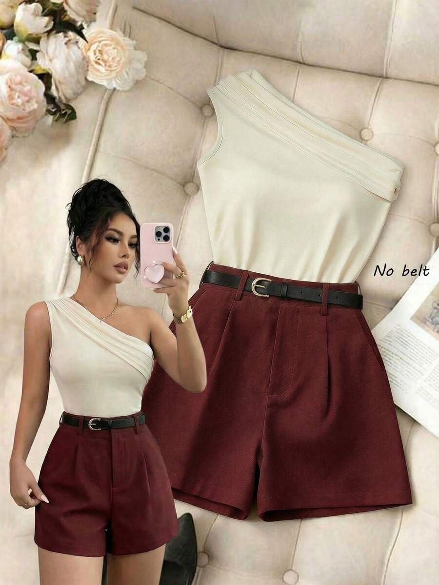 Franclia 2pcs/Set Casual Solid Color Asymmetric Neck Sleeveless Top And Shorts, Suitable For Summer - Multicolor - View 1