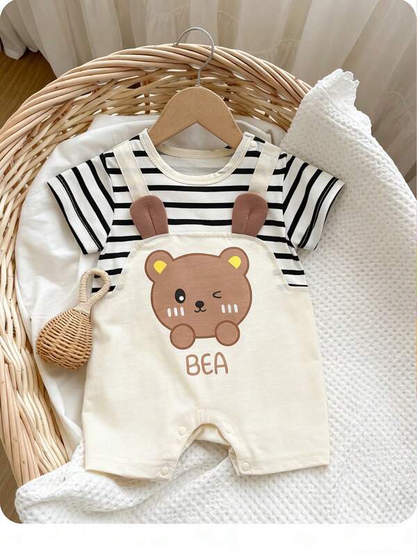 婴儿连体衣，男童短袖连体裤，可爱小熊图案，休闲度假风，柔软舒适纯棉面料，春夏新品