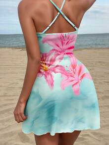 SHEIN SXY 女士夏季绿色和粉色印花吊带短裙，度假沙滩裙 - 彩色 - 查看 2