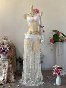 Bộ đồ 2 món thời trang gợi cảm dành cho nữ đi nghỉ mát: áo hai dây và chân váy ngắn. - trắng - Xem 1