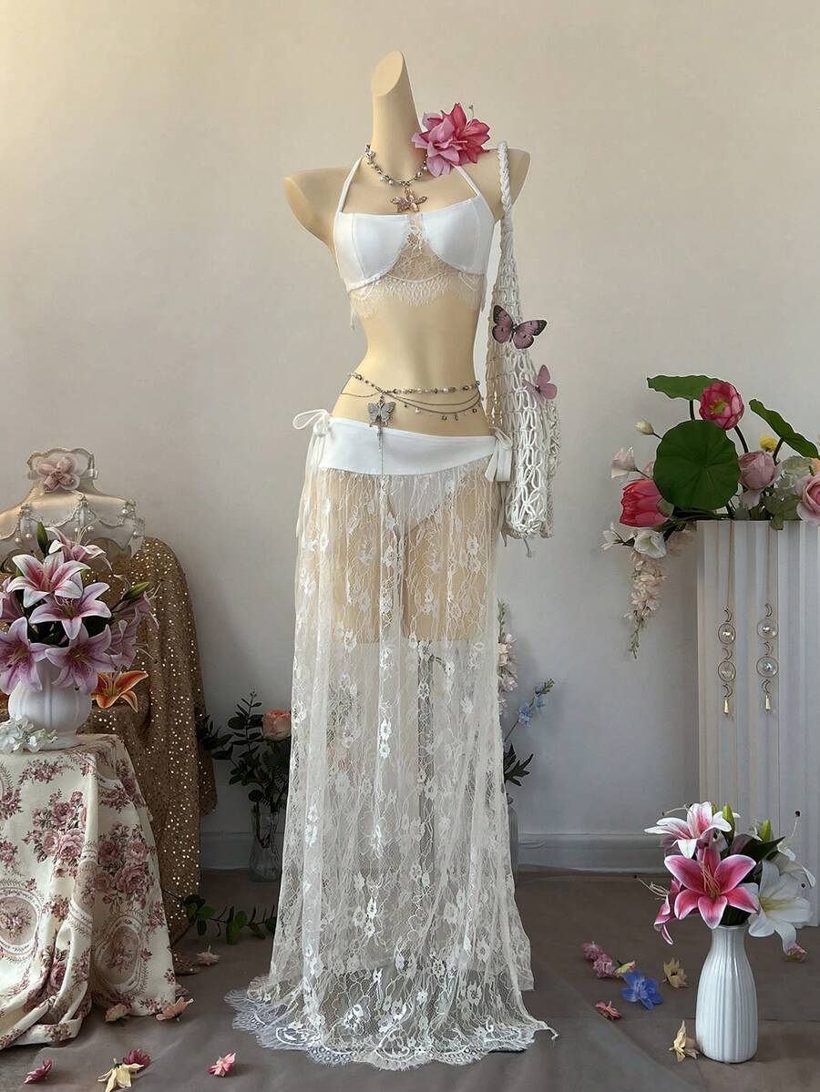 Bộ đồ 2 món thời trang gợi cảm dành cho nữ đi nghỉ mát: áo hai dây và chân váy ngắn. - trắng - Xem 1