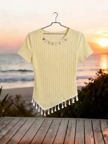 GlowEve Women's Elegant Casual Shell & Tassel Asymmetric Hem Short Sleeve T-Shirt - Baby Blue - View 4