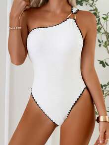 Swim Basics Women's Summer Beach Vacation Sleeveless Ruffled Trim Solid Color One-Piece Swimsuit - White - View 4