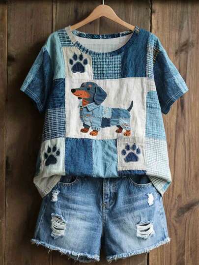 EMERY ROSE Camiseta casual de mujer con cuello redondo, cómoda y con un patrón de bloque de color con un lindo diseño de cachorro en estilo vintage patchwork, adecuada para uso diario