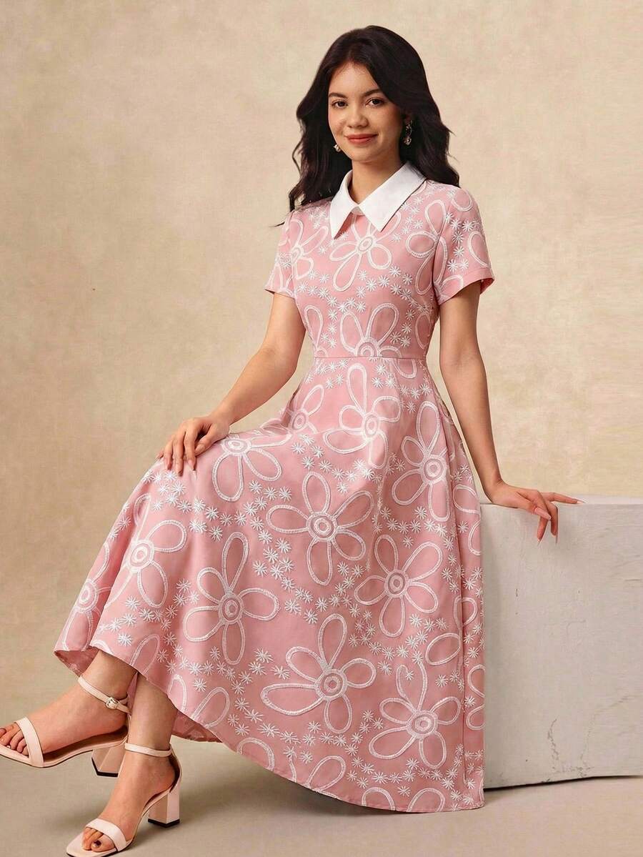 SHEIN Diamant-Kragen, jacquardgewebter strukturierter Stoff, französischer A-Linien Maxirock, eleganter hochgeschnittener Taillenbund, modisch und anmutig für Teenager-Mädchen im Sommer - Pink - Übersicht 1