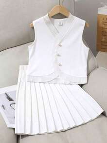 French Preppy Style Collar Neck Plain Polyester Co-Ord - White - View 5