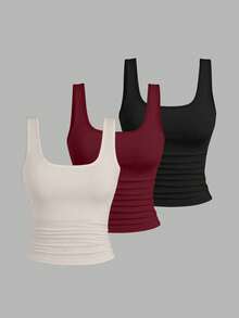 EMERY ROSE 3 Pieces Set Plus Size Women Fashion Printed Tank Top,Summer Casual Round Neck Basique Everyday Black Tank Top - Multicolor - View 1