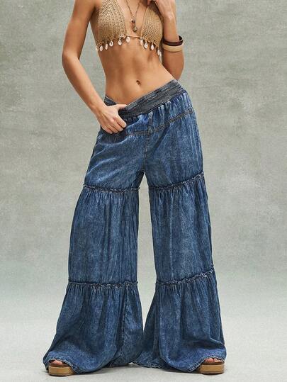 Bohemela 女士休闲纯色梭织宽松阔腿牛仔裤