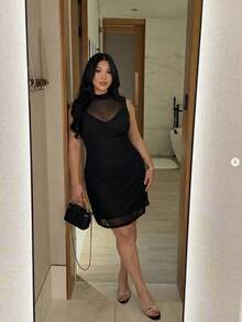 Firerie Plus Size Comfortable Casual Elegant Vacation Party Sexy Mesh Sheer Stand Collar Sleeveless Bodycon Mini Dress For Women, Spring/Summer Wedding Dress For Women Black Dress Plus - Black - View 9