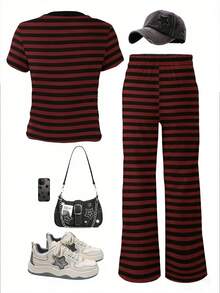 Teen Girl Striped Round Neck Short Sleeve T-Shirt And Wide Leg Pants Casual Daily Outfit - Multicolor - View 2