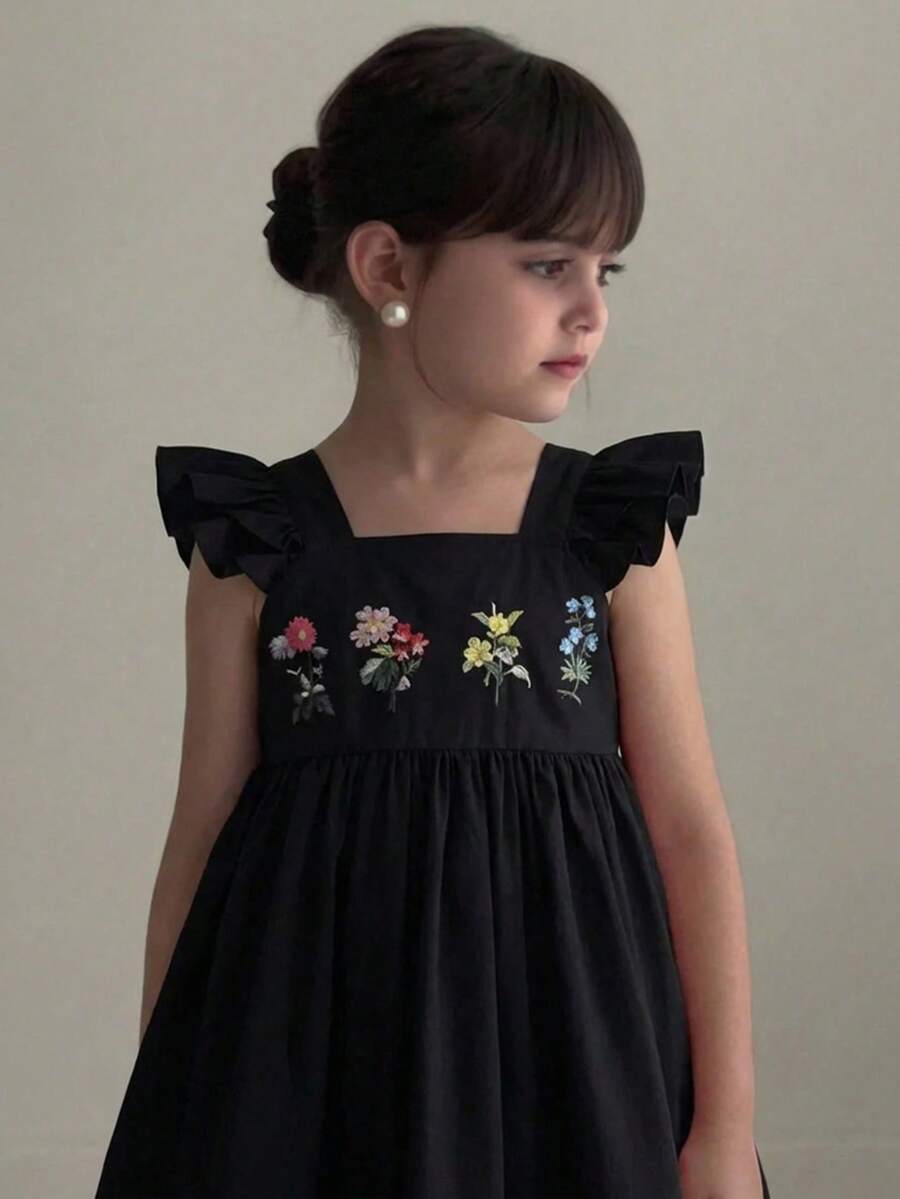 SHEIN Young Girl Floral Print Ruffle Hem Casual Dress - Black - View 1