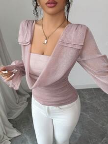 Modelyn Women's Elegant Commuter Shiny Draped Neck Cinched Waist Blouse,Pink Top - Pink - View 8