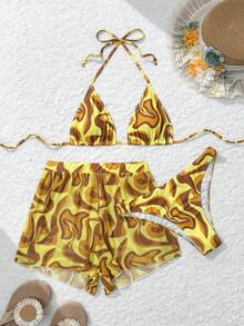 Swim Vcay 3件套印花比基尼泳衣，适合海滩度假 - 淡黃色 - 查看 4