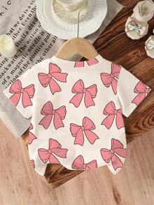 SHEIN Baby Girl Casual Cute Pink Bow Print Short Sleeve Round Neck T-Shirt, Suitable For Summer - Multicolor - View 2