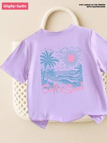 休闲沙滩风波浪蝴蝶结印花圆领短袖T恤，舒适的夏秋款式，适合女孩日常穿着，休闲圆领上衣，简约紫色度假风可爱T恤，百搭季节装扮 - 紫色 - 查看 3