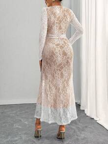 Rafferiza 优雅紧身 U 领长袖白色蕾丝美人鱼下摆白色连衣裙，适合女士，秋冬季长款女装 - 彩色 - 查看 2