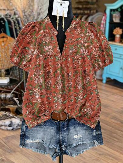 Linhara Blusa casual vintage de mujer talla grande con cuello en V, volantes, mangas abultadas y estampado floral. Cómoda y versátil para uso diario, nueva llegada de verano