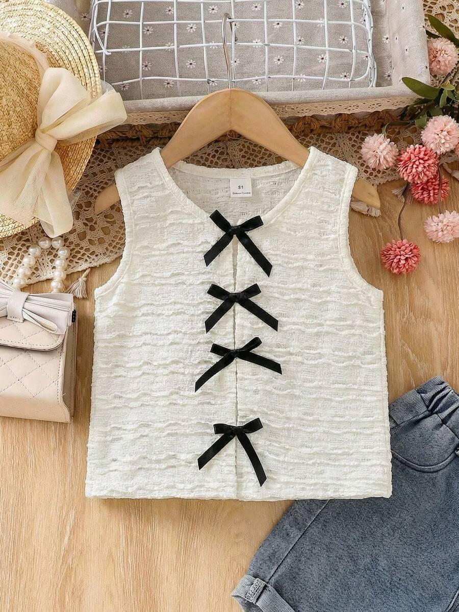 SHEIN 女童针织纹理面料撞色蝴蝶结装饰圆领背心 - 白色 - 查看 1