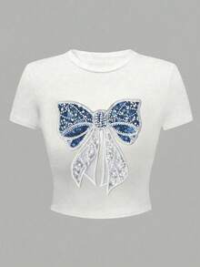 Camiseta de manga corta con cuello redondo y decoración de lazo para adolescentes, adecuada para uso diario, salidas y escuela - Blanco - Ver 2