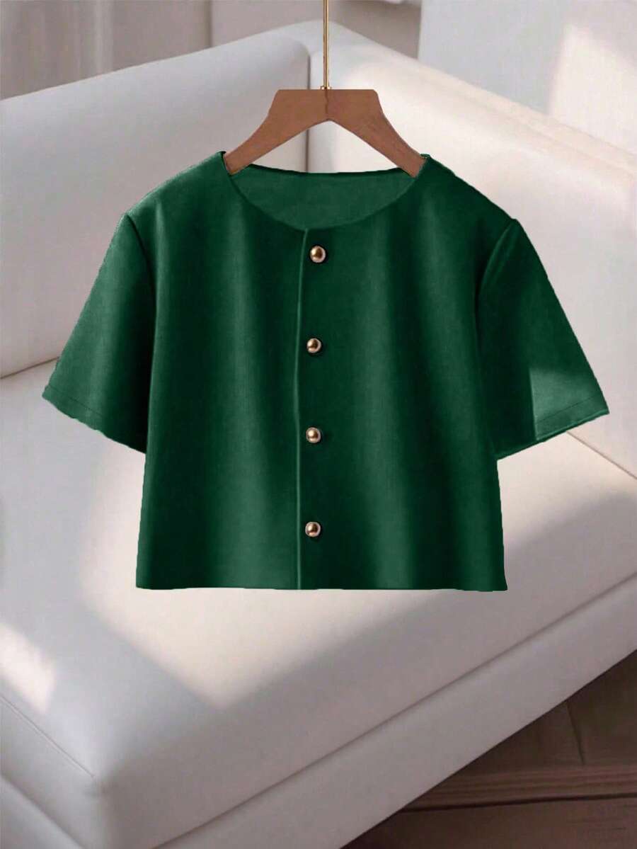 Franclia Fashionable High-End Round Neck Short Sleeve Button-Up Blouse For Women - Dark Green - View 1