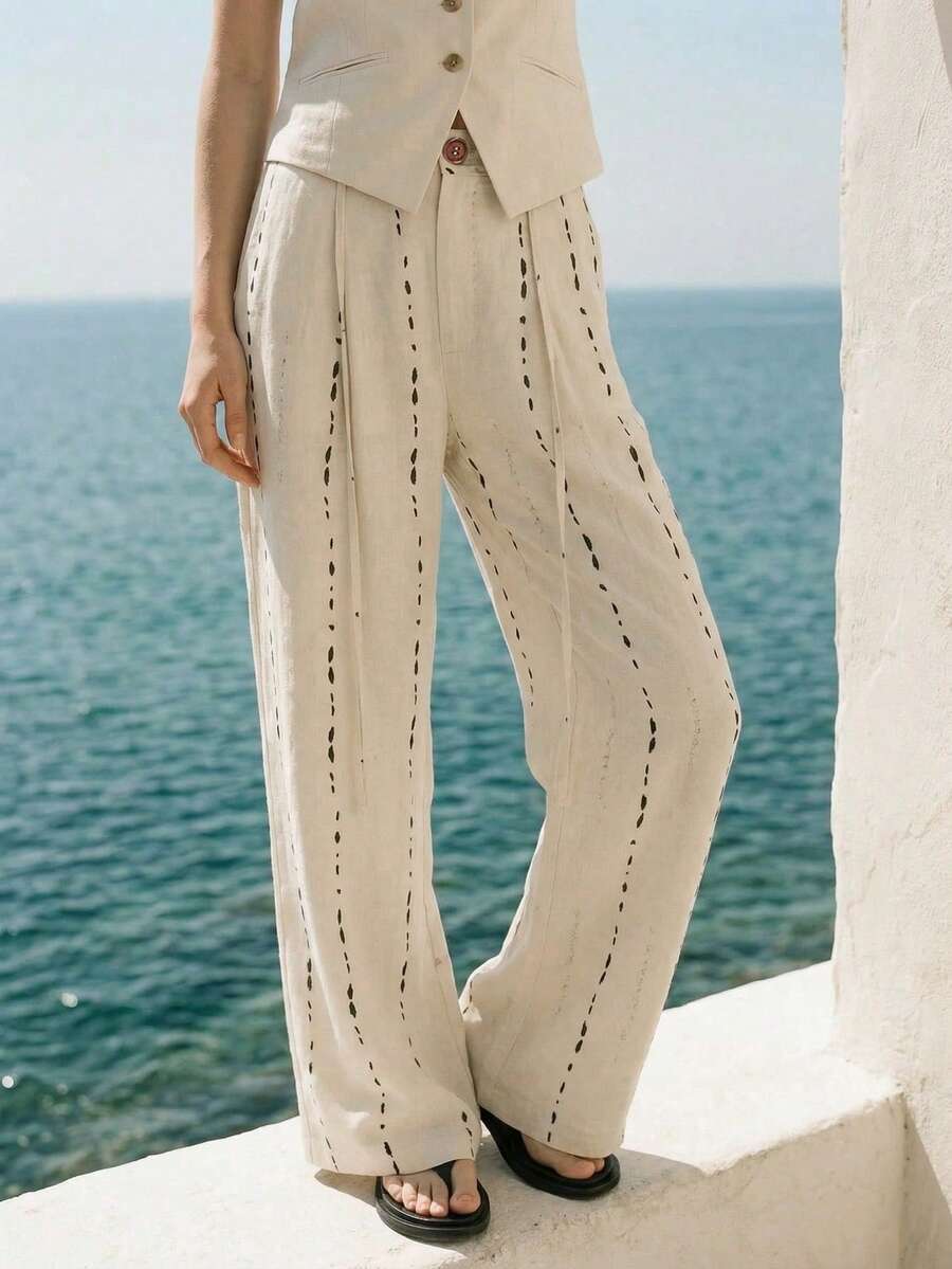 Lumivelle Pantalones anchos de cintura alta con estampado de rayas y lazo para mujer, de estilo casual de verano - Beis - Ver 1