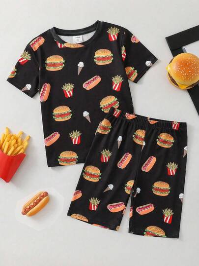 SHEIN 2pcs/Set Kids Tween Boy Snug Fit Video Game Graphic Crew Neck Short Sleeve T-Shirt And Shorts Soft Comfortable Pajama Set