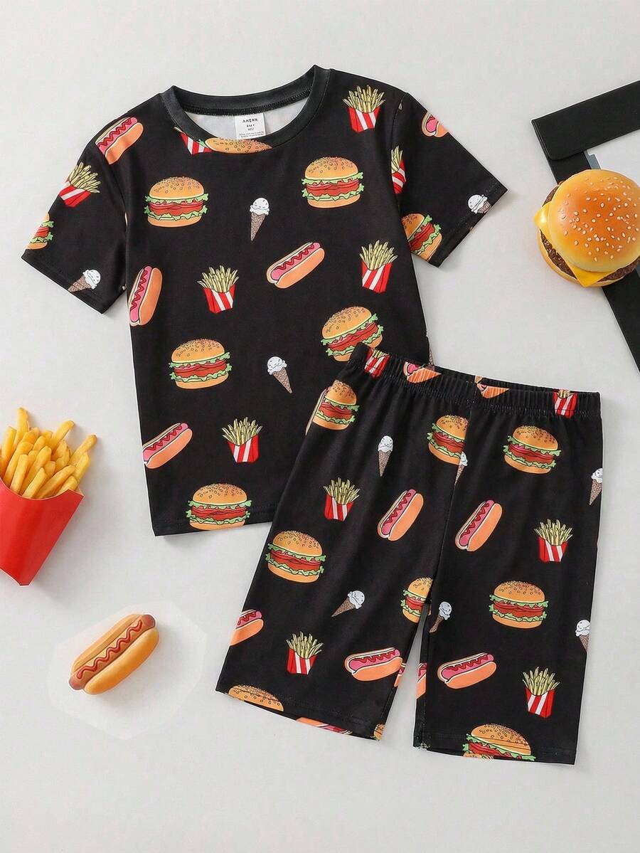 SHEIN 2 piezas Conjunto de pijama de niño preadolescente ajustado con estampado de hamburguesa y papas fritas, de cuello redondo y manga corta, camiseta y pantalones cortos suaves y cómodos, adecuado para primavera/verano, hogar, fiesta