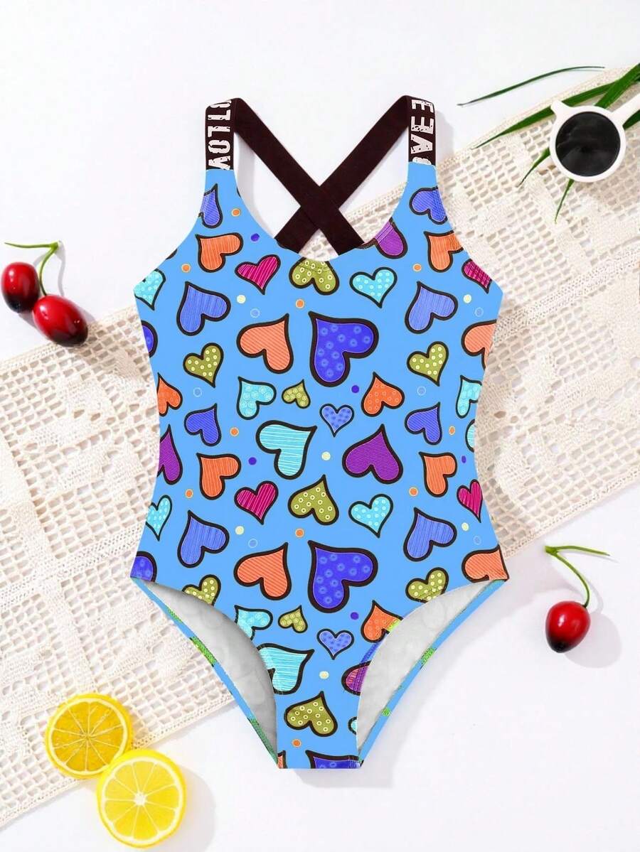 SHEIN 女童彩色爱心字母印花撞色连体泳衣,夏季新款 - 藍色 - 查看 1