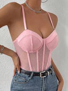 Glamine Women's Pink Rhinestone Decor Camisole Bodysuit - Pink - View 6