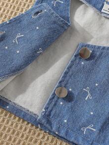Genkimix Kids Letni, nowy, swobodny, dwuczęściowy komplet dla młodej dziewczyny, tkana, okrągła, kokardkowa sukienka z bufiastymi rękawami w kształcie litery A + kamizelka z nadrukiem w kokardę z dżinsu, odpowiedni na co dzień, na imprezę i w podróż - Jasny jeans - Zobacz 7