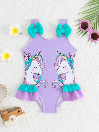 女婴/女宝宝独角兽蝴蝶结荷叶边连体泳衣，针织面料，适合夏季度假