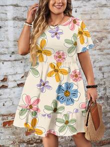 EMERY ROSE Casual Loose Fit Round Neck Short Sleeve Plus Size Dress, Suitable For Autumn/Winter - Multicolor - View 6