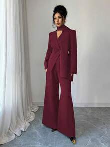 SHEIN Elenzya Bộ vest công sở thanh lịch màu trơn gồm áo khoác hai hàng cúc và quần ống rộng. - Màu Đỏ Sâu - Xem 5