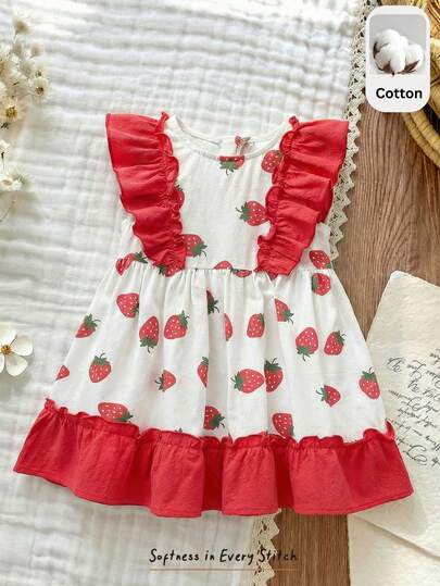Cozy Pixies 女婴草莓图案撞色圆领荷叶边下摆腰带无袖连衣裙