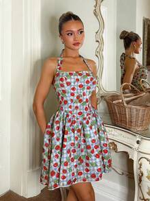 Glamine Charm 女士新款时尚水果印花夏季连衣裙，度假沙滩花园约会短裙 - 藍色 - 查看 5